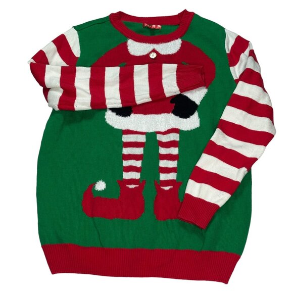 Elf Knit Christmas Sweater Womens Large Ribbed Crew Neck Striped Arms Top - Picture 3 of 11